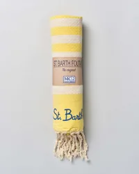 Telo mare giallo in cotone a righe panna con frange e scritta logo ricamata