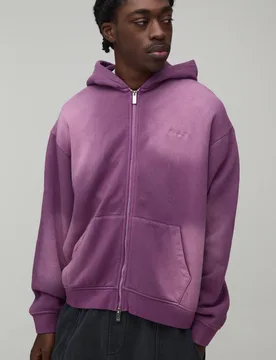 Men's Oversized Boxy Spray Wash Man Embroidered Double Ended Zip Through Hoodie Purple Size Large Purple L - boohooMAN - FashionsVida