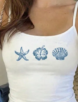 Top de tirantes informal con estampado gráfico de tortuga, concha y flor en blanco para niñas preadolescentes, adecuada para vacaciones, festivales - Shein - FashionsVida