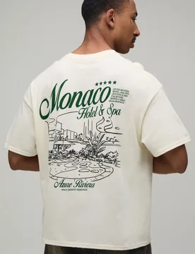 Mens Ecru Oversized Boxy Monaco Hotel Print T-Shirt Cotton - Size Medium - boohooMAN - FashionsVida