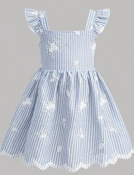 Vestido bordado a rayas azules y blancas lindo para niñas jóvenes en vacaciones