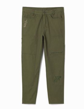 Pantalón largo recto con bordados, Algodon, Verde, 28