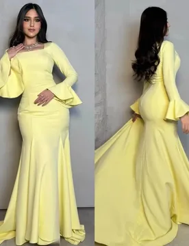 Customized Square Neck Evening Dress Satin Flare Sleeve Gorgeous Prom Dresses Formal Occasion Long Sleeve Party Gown Robe Soiree - Aliexpress - FashionsVida