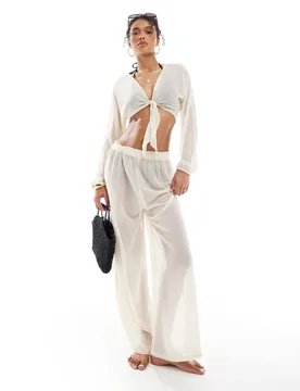 Womens Tie Front Top And Trousers Beach Set In Cream - Size Large - Only - FashionsVida