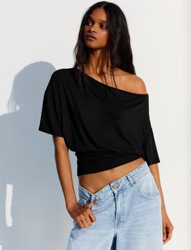 T-Shirt Asymétrique À Manches Courtes S Noir