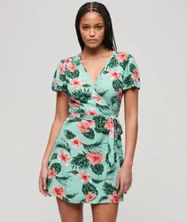 Superdry Damen Kurzes Mini-wickelkleid mit Print Grün - Größe: 36