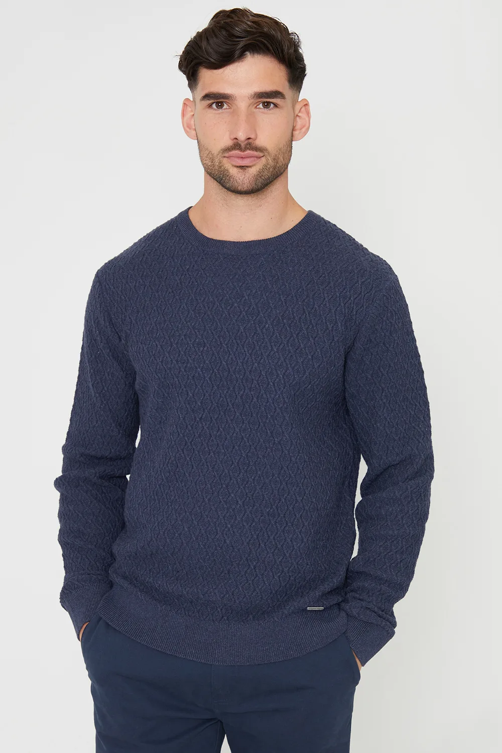 Mens Blue Mini Cable Knit Crew Neck Jumper - Size 2xl - Threadbare - FashionsVida
