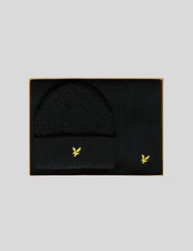 Men's Waffle Scarf and Beanie Set Jet Black - Lyle & Scott - FashionsVida