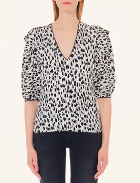 Maglia bianca a fantasia animalier nera e oro con maniche corte e scollo a V - Liujo - FashionsVida