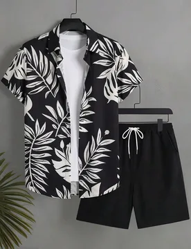Conjunto de camisa de manga corta con botones y estampado total y pantalones cortos con bolsillo en diagonal para hombre - Shein - FashionsVida