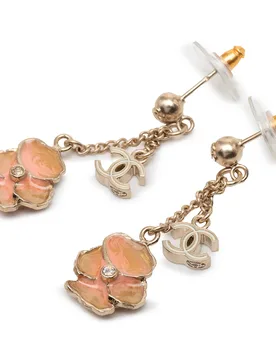 Gold Plated Enamel CC and Flower Drop Push Back Earrings - Chanel - FashionsVida