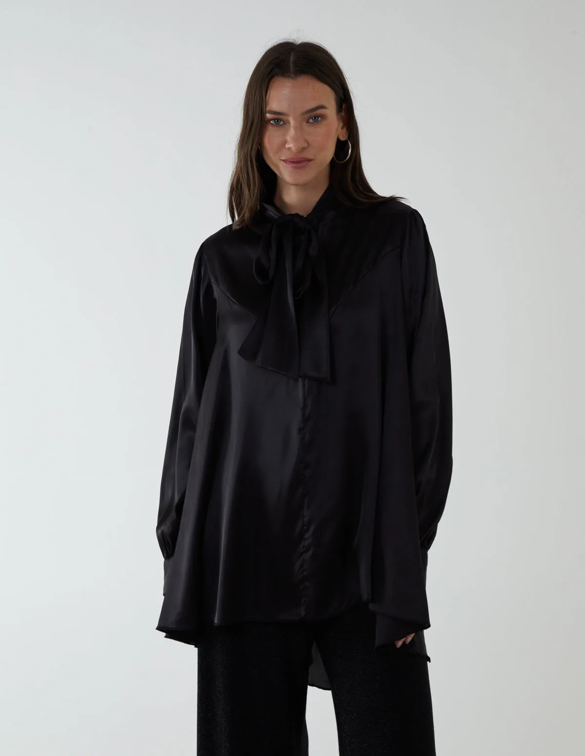 Plain Button Through Pussybow Shirt - S/M / BLACK - female - Blue Vanilla - FashionsVida