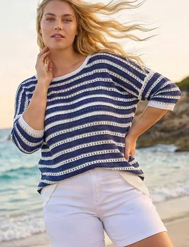 Women's Curve Crochet Stripe Knit Top in Navy Size: 26-28 - Navy - Size: 26-28 - Roman - FashionsVida