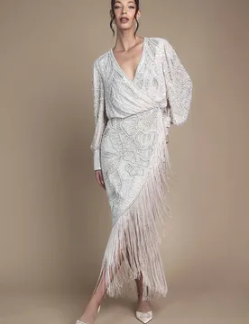 Women's Embellished Tassel Detail Wrap Midi Wedding Dress in Champagne Size: 10 - Champagne - Size: 10 - Coast - FashionsVida