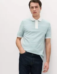 Pure Cotton Pique Striped Polo Shirt Soft Blue male