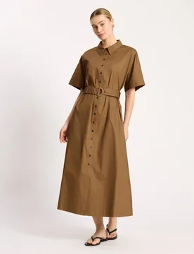Pure Cotton Midi Shirt Dress Tan female - Albaray - FashionsVida