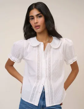 Pure Cotton Peter Pan Collar Lace Detail Blouse White female - Nobody's Child X Louise Thompson - FashionsVida