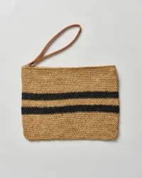 Pochette in rafia color naturale con righe nere e laccetto laterale in pelle