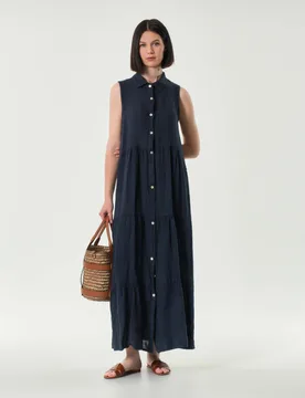 Abito lungo blu in puro lino senza maniche con balze - Hlo! - FashionsVida