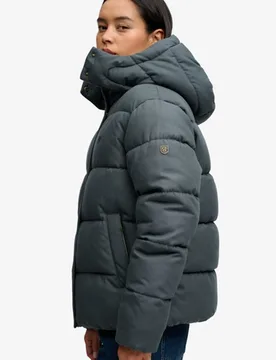 Superdry Damen Premium Karierte Steppjacke mit Kapuze Navy - Größe: 36 - 139.99 - FashionsVida