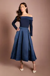 Women's Long Sleeve Satin Trim Bardot Top in Navy Size: 10 - Navy - Size: 10