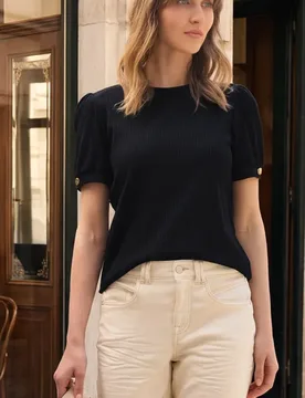 Street One T-Shirt mit Rundhals und Knopfdetail female Schwarz - Street One Studio - FashionsVida