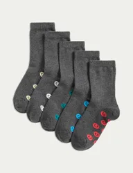 Pack Cotton Rich Happy Faces School Socks (6 Small-7 Large) Grey unisex