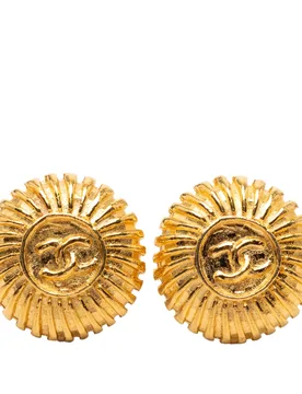 Gold Plated CC Round Clip On Earrings - Chanel - FashionsVida