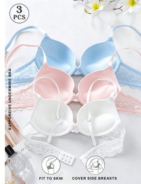 Juego de 3 piezas de sujetador push-up acolchado con relleno fino, encaje delicado, alto soporte, suave, transpirable y sin costuras