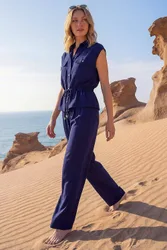 Crepe Elasticated Waist Trouser - Navy - Size: 14