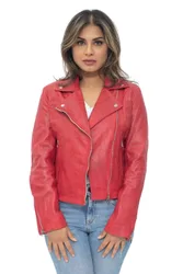 Leather Biker Jacket-Zanzibar - Red - Size: 8