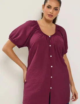 Button Through Blouse - Burgundy - Size: 26-28 - Yours - FashionsVida