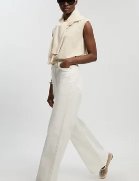 Womens Petite Denim High Waist Wide Leg Jean - Cream Cotton - Size 16 Uk - Karen millen - FashionsVida