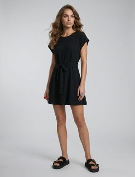 Abito mini in cotone con cintura - nero
