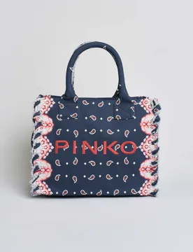 Borsa tote in canvas blu a fantasia paisley all over bianca e rossa con logo ricamato - PINKO - FashionsVida