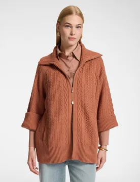 Cárdigan de mujer lana trenzas cuello alto modelo oversize de longitud media con cierre de cremallera - Elena Miró - FashionsVida