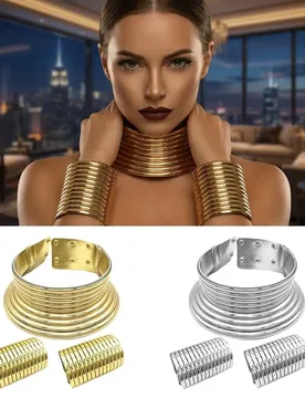 PCS Gold Silver African Collar Bracelet Set Adjustable Exaggerated Fashion African Style Necklace Collar Set PU Leather Large - Aliexpress - FashionsVida