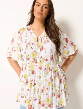 Women's Floral Angel Sleeve Blouse in White Size: 20 - White - Size: 20 - Yours - FashionsVida