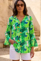 Abstract Print Flared Blouse - Green - Size: 10