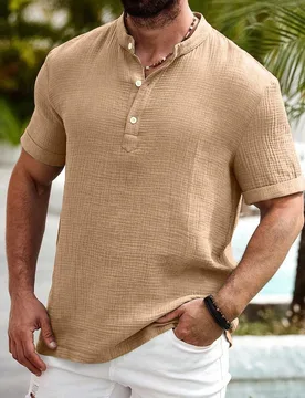 Camisa casual de algodón y lino para hombre Manfinity Nomadique con cuello Hengli de verano - Shein - FashionsVida