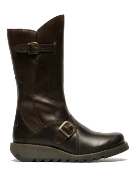 Women's Fly London MES 2 Wedge Heel Buckle Mid-Calf Leather Zip Platform Boots in Brown Size: 6 - Brown - Size: 6 - Infinity Leather - FashionsVida