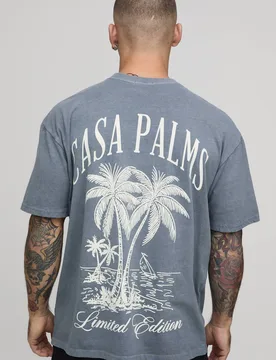 Men's Washed Oversized Casa Palms Print T-Shirt Washed Grey Size X-Small Washed Grey XS - boohooMAN - FashionsVida