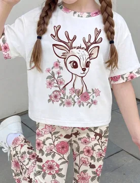 Conjunto de 2 piezas de top de manga corta de cuello redondo suave y pantalones de cintura elástica con estampado de animales de dibujos animados par - Shein - FashionsVida