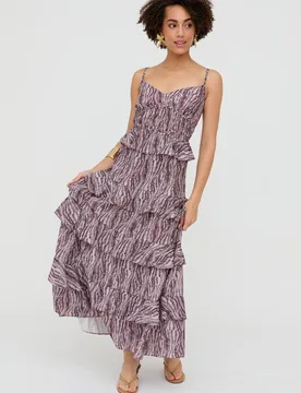 Women's Tangiers Tiered Line Print Maxi Dress in Purple Size: 10 - Purple - Size: 10 - Raffya - FashionsVida