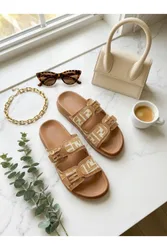 Willow Patterned Buckle Sandals - Tan - Size: 3