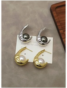 Brass With 18K Faux Pearl Moon Drop Earrings Women Jewelry Punk Party T Show Gown Runway Korean Japan INS - Aliexpress - FashionsVida