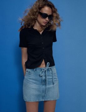Gonna mini in denim con cintura in tessuto - blu