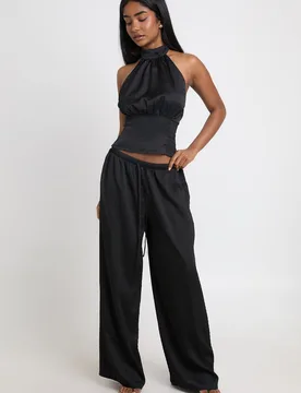 Womens Textured Woven High Neck Top And Wide Leg Trouser Set - Black - Size 8 Uk - Boohoo - FashionsVida