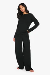 Womens Petite Pointelle Long Sleeve Top And Wide Leg Trouser Pyjama Set - Black - Size 6 Uk