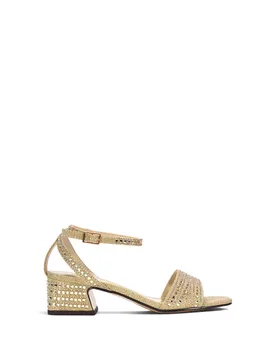 Women's 'Leyla' Sparkly Diamante Strappy Mid Block Heel Sandals in Gold Size: 8 - Gold - Size: 8 - XY London - FashionsVida
